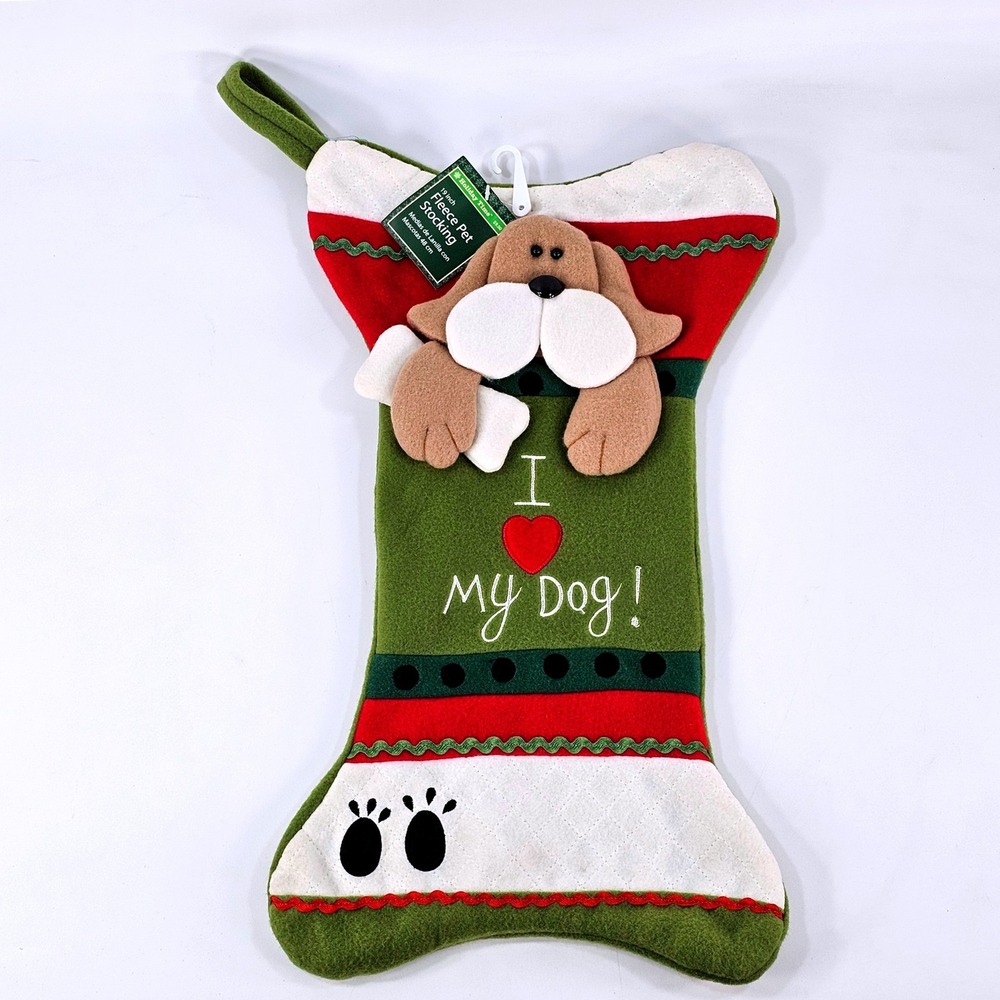 Holiday Time 19 inch Fleece Pet Stocking Bone Shape I Heart My Dog Green Red NEW
